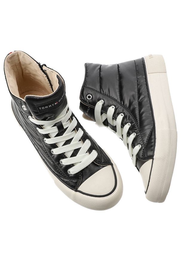 TOMMY HILFIGER - Czarne Trampki Tommy Hilfiger Modne Pikowane Buty Damskie. Okazja: na spacer. Kolor: czarny. Materiał: materiał, skóra ekologiczna. Szerokość cholewki: normalna. Wzór: aplikacja