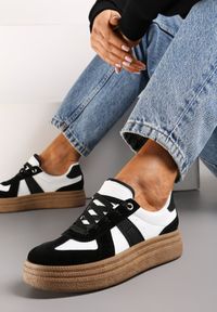 Born2be - Czarno-Białe Sneakersy na Niskiej Platformie z Materiałowymi Wstawkami Xeonbia. Kolor: czarny. Materiał: materiał. Obcas: na platformie #4