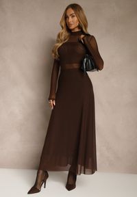 Renee - Brązowa Rozkloszowana Sukienka Longsleeve z Siateczki z Dodatkiem Wiskozy Eprella. Okazja: na randkę. Typ kołnierza: kołnierzyk stójkowy. Kolor: brązowy. Materiał: wiskoza. Długość rękawa: długi rękaw. Styl: elegancki