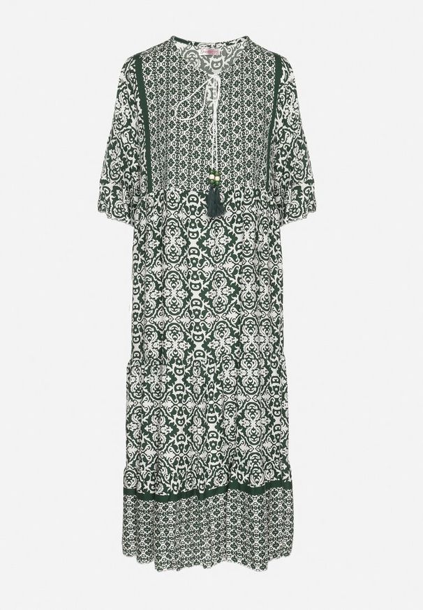 Born2be - Zielona Bawełniana Sukienka w Stylu Boho z Wiązaniem Przy Dekolcie Orradelle. Okazja: na co dzień. Kolor: zielony. Materiał: bawełna. Typ sukienki: proste. Styl: boho
