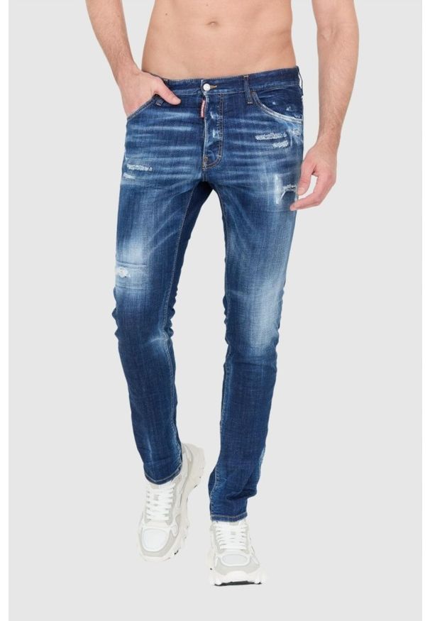 DSQUARED2 Męskie granatowe jeansy z przetarciami, Rozmiar 54. Kolor: niebieski