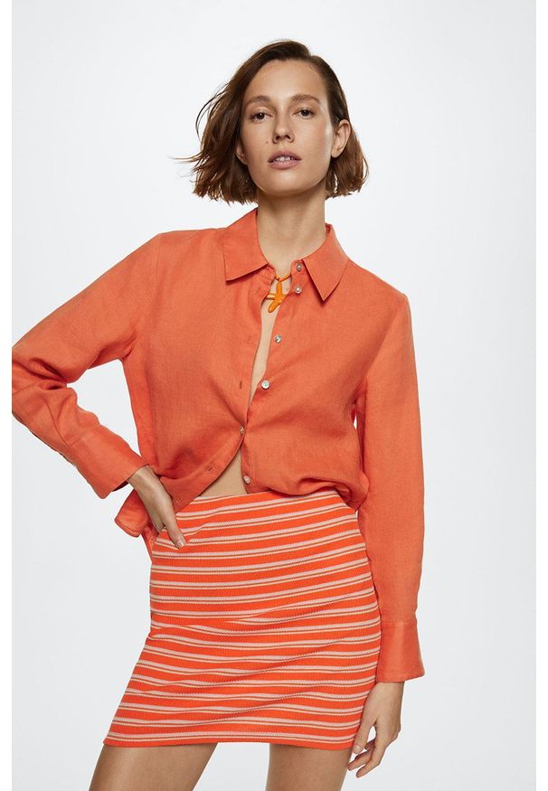 mango - Mango spódnica Rama kolor pomarańczowy mini prosta. Okazja: na co dzień. Stan: podwyższony. Kolor: pomarańczowy. Materiał: włókno, dzianina. Styl: casual
