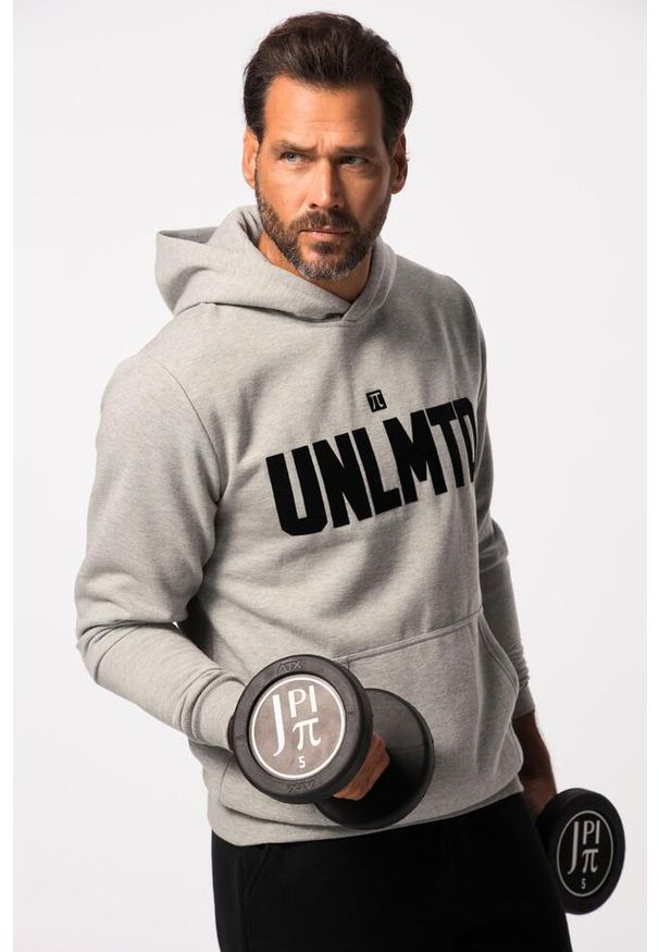 JAY-PI - Męska Bluza z kapturem fitness dzianina dresowa kaptur nadruk flokowany. Typ kołnierza: kaptur. Kolekcja: plus size. Kolor: szary. Materiał: wiskoza, materiał, bawełna. Wzór: nadruk. Sport: fitness