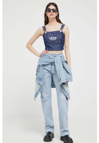 Love Moschino bluza kolor granatowy. Kolor: niebieski. Materiał: tkanina. Długość rękawa: na ramiączkach. Długość: krótkie #3