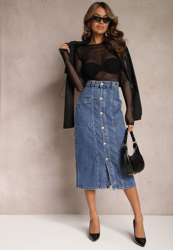Renee - Niebieska Jeansowa Spódnica Midi Zapinana na Guziki Mimmera. Kolor: niebieski. Materiał: jeans