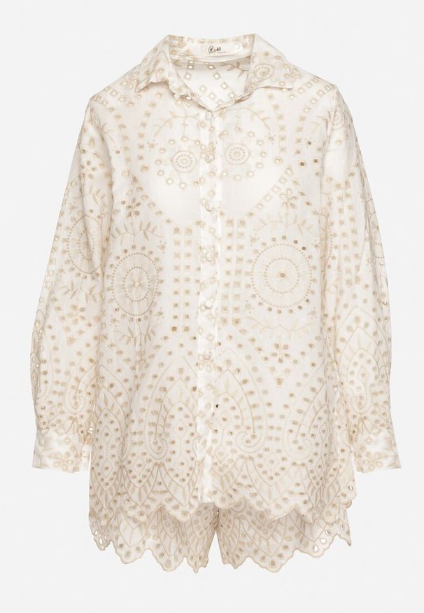 Born2be - Beżowy Bawełniany Komplet z Haftowanej Tkaniny Koszula z Guzikami i Krótkie Szorty z Frędzlami Kolbia. Kolor: beżowy. Materiał: tkanina, bawełna. Wzór: haft