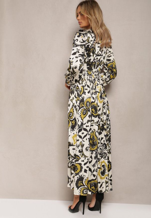 Renee - Beżowo-Zielona Długa Sukienka z Satyny z Gumką w Pasie i Ornamentalnym Printem Anoitia. Okazja: na co dzień. Kolor: zielony. Materiał: satyna. Wzór: nadruk. Typ sukienki: proste. Styl: casual, boho, elegancki. Długość: maxi