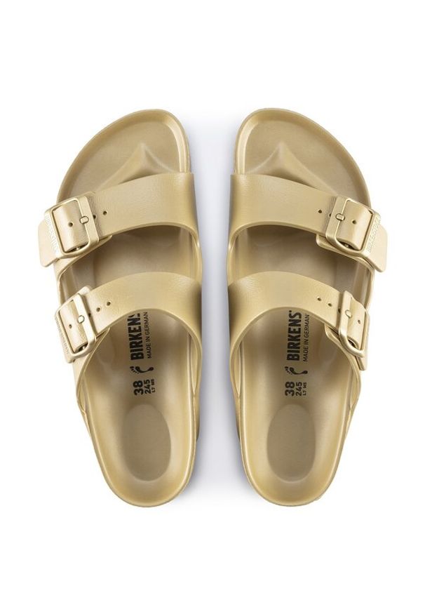 Birkenstock Arizona Essentials EVA Klapki damskie. Okazja: na plażę. Kolor: złoty. Wzór: paski. Sezon: lato. Styl: glamour, klasyczny