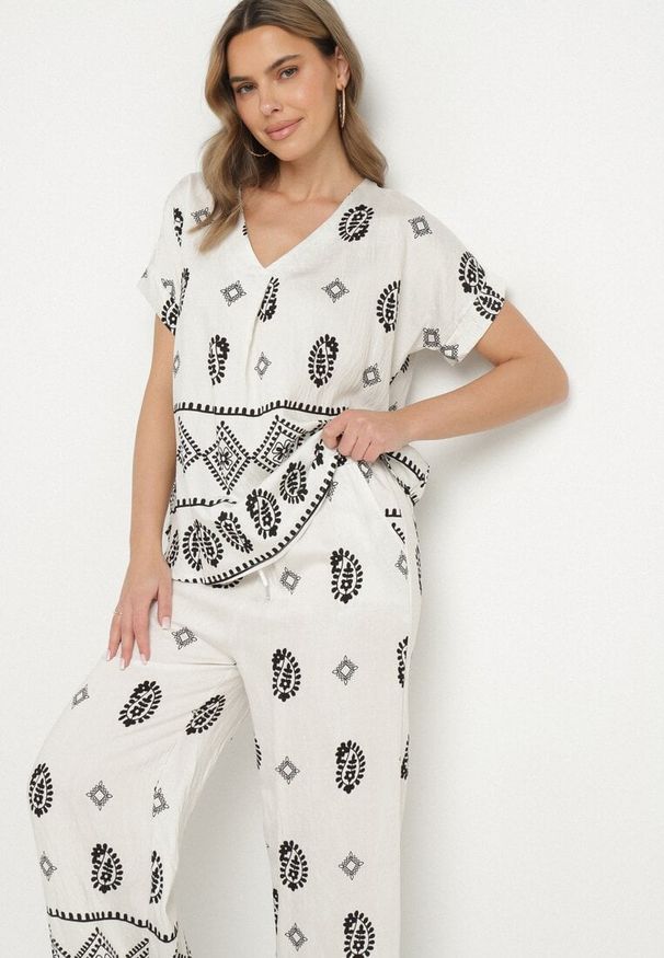 Born2be - Czarno-Biały Bawełniany Komplet Koszula i Szerokie Spodnie w Stylu Boho Ollirive. Kolor: biały. Materiał: bawełna. Wzór: aplikacja