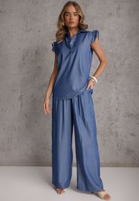 Renee - Niebieski Komplet z Wiskozą Bluzka z Kołnierzem i Spodnie Wide Leg Naunne. Kolor: niebieski. Materiał: wiskoza #6