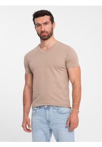 Ombre Clothing - Męska klasyczna bawełniana koszulka z dekoltem w serek BASIC – popielata V21. Typ kołnierza: dekolt w serek. Kolor: szary. Materiał: bawełna. Wzór: ze splotem, jednolity. Styl: klasyczny #6