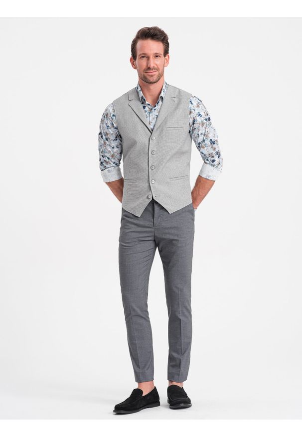 Ombre Clothing - Męska kamizelka garniturowa z kołnierzem - jasnoszara V1 OM-BLZV-0109 - XXL. Kolor: szary. Materiał: poliester