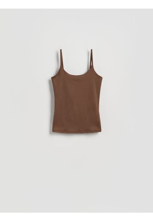 Reserved - Gładki top na ramiączkach - ciemnobrązowy. Kolor: brązowy. Materiał: dzianina. Długość rękawa: na ramiączkach. Wzór: gładki