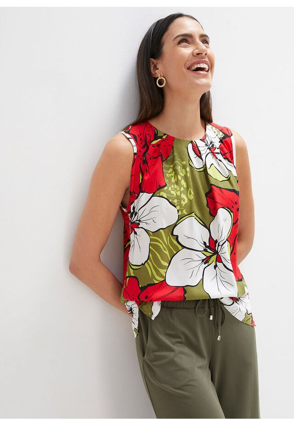 bonprix - Top bez rękawów z wiskozy. Kolor: biały. Materiał: wiskoza. Długość rękawa: bez rękawów. Wzór: nadruk, aplikacja, kwiaty