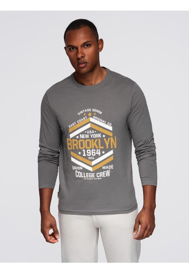Ombre Clothing - Longsleeve męski z nadrukiem w stylu collegowym - szary V1. Kolor: szary. Materiał: bawełna. Długość rękawa: długi rękaw. Długość: długie. Wzór: nadruk