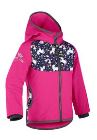 UNUO - Kurtka softshellowa dziecięca z polarem Basic, fuksja, jednorożce. Kolor: różowy. Materiał: polar. Sezon: jesień, wiosna. Styl: sportowy
