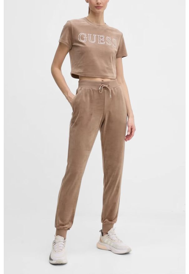 Guess - GUESS Brązowe damskie spodnie welurowe Couture, Rozmiar XS. Kolor: brązowy. Materiał: welur