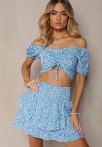Renee - Niebiesko-Fioletowy Komplet Bluzka w Stylu Hiszpanki i Spódniczka z Gumką Salsem. Kolor: niebieski. Materiał: tkanina
