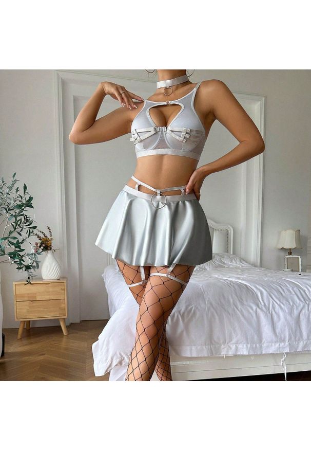 Intica - Komplet damski z baskinką elegancki na imprezę Emmye. Kolor: szary. Materiał: materiał