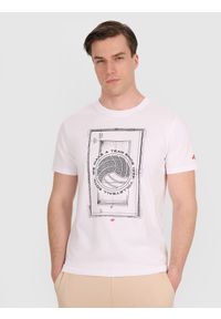 4f - 4F T-shirt regular z nadrukiem siatkarskim męski - biały M. Okazja: na co dzień, do domu. Kolor: biały. Materiał: bawełna, jersey, materiał. Wzór: nadruk. Styl: sportowy, klasyczny, casual
