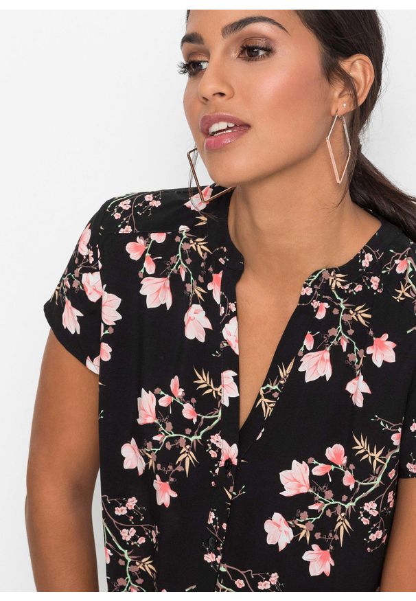 bonprix - Bluzka z krótkim rękawem z czystej wiskozy. Typ kołnierza: dekolt w serek. Kolor: czarny. Materiał: wiskoza. Długość rękawa: krótki rękaw. Długość: krótkie. Wzór: nadruk. Styl: elegancki