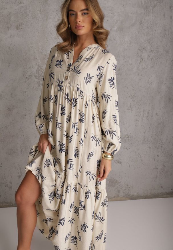 Renee - Jasnobeżowa Wiskozowa Sukienka o Rozkloszowanym Kroju z Guzikami przy Dekolcie Seave. Okazja: na co dzień. Kolor: beżowy. Materiał: wiskoza. Wzór: nadruk. Typ sukienki: rozkloszowane, oversize. Styl: boho, casual