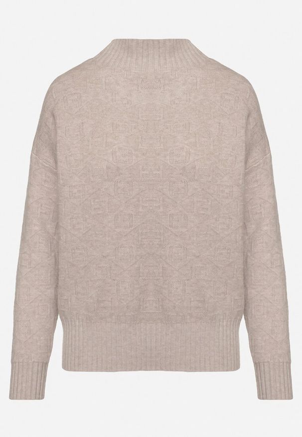 Born2be - Beżowy Sweter Golf z Ozdobnym Tłoczeniem Zakończony Ściągaczem Melodiea. Typ kołnierza: golf. Kolor: beżowy. Materiał: materiał. Sezon: zima