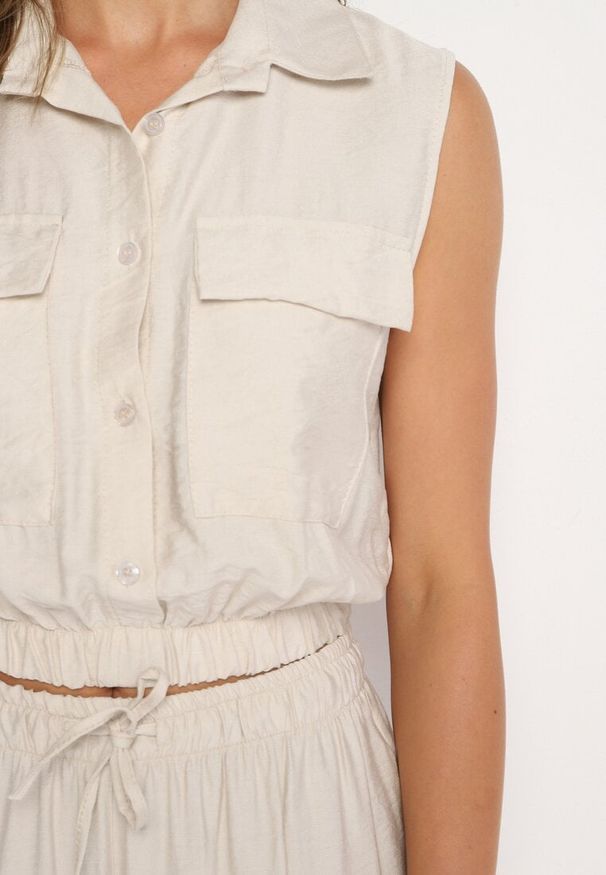 Born2be - Beżowy Wiskozowy Komplet Krótka Bluzka na Guziki Szerokie Spodnie z Gumką w Talii Rissanama. Kolor: beżowy. Materiał: wiskoza