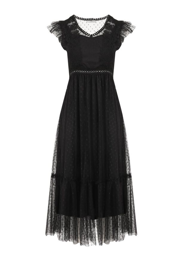 Born2be - Czarna Sukienka Aedusa. Kolor: czarny. Materiał: koronka, tiul. Długość rękawa: krótki rękaw. Wzór: kropki, koronka, ażurowy. Styl: wizytowy. Długość: midi