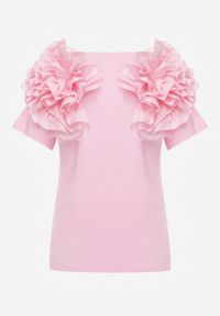 Renee - Różowy T-shirt z Bawełny Ozdobiony Bufiastymi Falbankami Kandrra. Typ kołnierza: kołnierz z falbankami. Kolor: różowy. Materiał: bawełna. Wzór: aplikacja #3