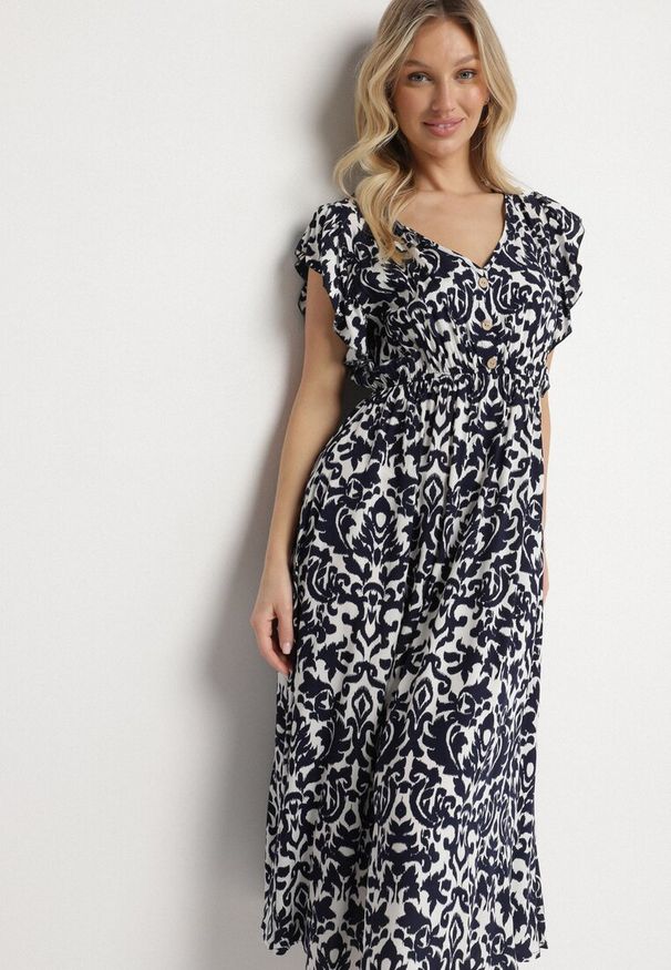 Born2be - Granatowa Bawełniana Sukienka Rozkloszowana z Falbankami w Ornamentalny Wzór Zaliette. Okazja: na co dzień. Typ kołnierza: kołnierz z falbankami. Kolor: niebieski. Materiał: bawełna. Długość rękawa: krótki rękaw. Styl: casual, elegancki