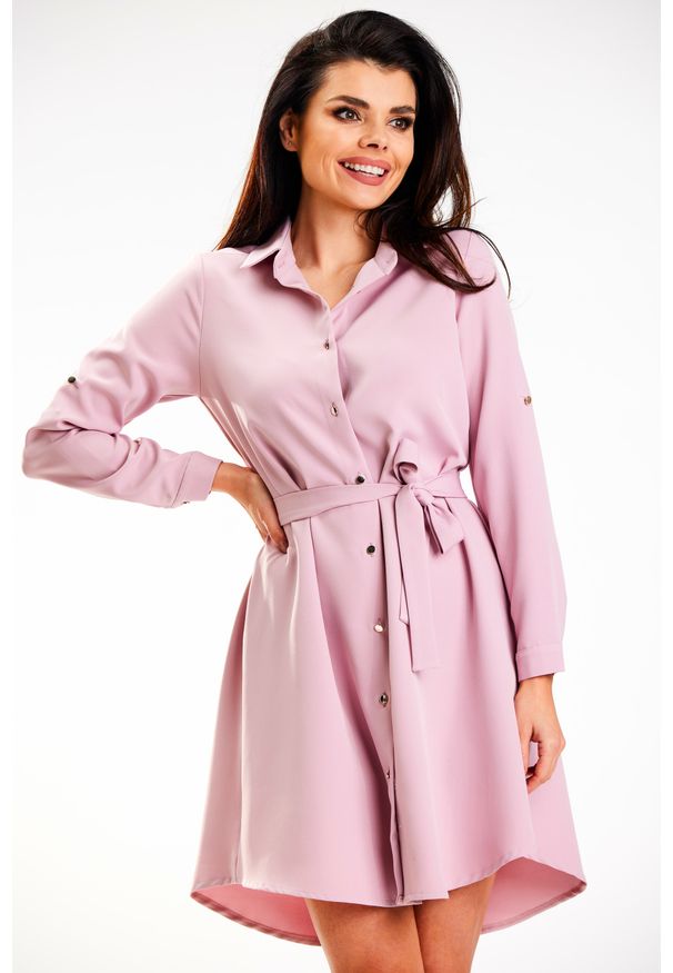 Awama - Koszulowa Sukienka z Podpinanym Rękawem - Różowa. Kolor: różowy. Materiał: poliester, elastan. Typ sukienki: koszulowe
