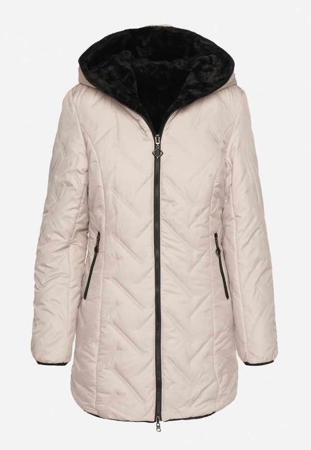 Born2be - Beżowa Pikowana Kurtka Dwustronna z Kapturem i Futerkiem Rinaresa. Okazja: na co dzień. Typ kołnierza: kaptur. Kolor: beżowy. Materiał: futro. Styl: casual, elegancki