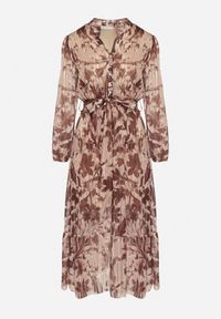 Born2be - Brązowa Rozkloszowana Sukienka z Wiązanym Paskiem i Metaliczną Nicią Nalirina. Okazja: na co dzień. Typ kołnierza: dekolt w kształcie V. Kolor: brązowy. Materiał: wiskoza, elastan. Wzór: aplikacja. Typ sukienki: proste, rozkloszowane. Styl: elegancki, casual, klasyczny #5