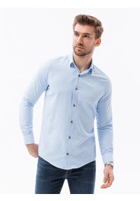 Ombre Clothing - Koszula męska w drobny geometryczny wzór REGULAR FIT - błękitna - Rozmiar: XXL. Okazja: na spotkanie biznesowe, do pracy. Kolor: niebieski. Materiał: poliester, bawełna. Długość rękawa: długi rękaw. Długość: długie. Wzór: geometria. Styl: klasyczny, biznesowy