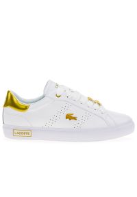 Buty Lacoste Powercourt 2.0 745SFA0034-216 - białe. Okazja: na co dzień. Zapięcie: sznurówki. Kolor: biały. Materiał: guma, syntetyk, skóra. Wzór: aplikacja. Obcas: na platformie