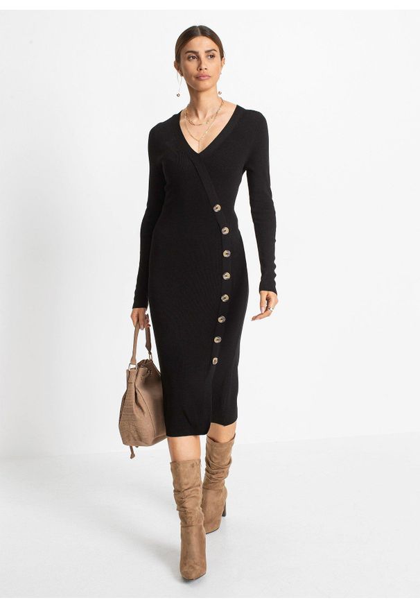 bonprix - Sukienka dzianinowa z mieszanki wiskozy. Kolor: czarny. Materiał: dzianina, wiskoza