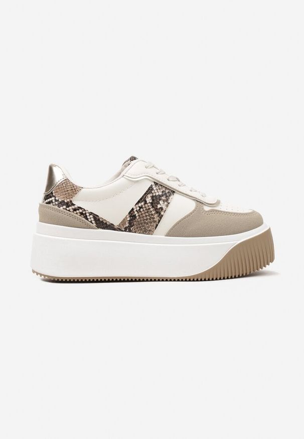 Born2be - Beżowe Sneakersy na Grubej Podeszwie z Metalicznymi Wstawkami Fonelina. Okazja: na co dzień. Kolor: beżowy. Materiał: jeans. Wzór: aplikacja