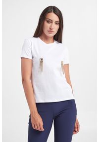 Elisabetta Franchi - T-shirt damski ELISABETTA FRANCHI. Materiał: bawełna. Długość rękawa: krótki rękaw. Długość: krótkie. Wzór: aplikacja, geometria