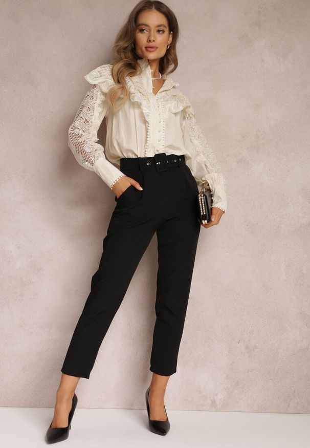Renee - Czarne Spodnie z Paskiem Eudea. Kolor: czarny. Materiał: materiał. Długość: długie. Wzór: jednolity. Styl: elegancki