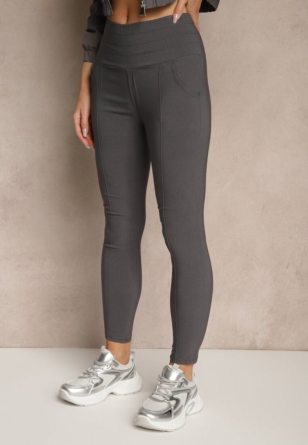 Renee - Ciemnoszare Spodnie Skinny High Waist Kolanira. Okazja: na co dzień. Stan: podwyższony. Kolor: szary. Styl: casual, sportowy