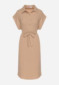 Born2be - Jasnobrązowa Sukienka z Bawełną i Ozdobnym Paskiem Savanire. Okazja: na co dzień. Kolor: brązowy. Materiał: bawełna. Typ sukienki: koszulowe. Styl: klasyczny, casual, elegancki #4
