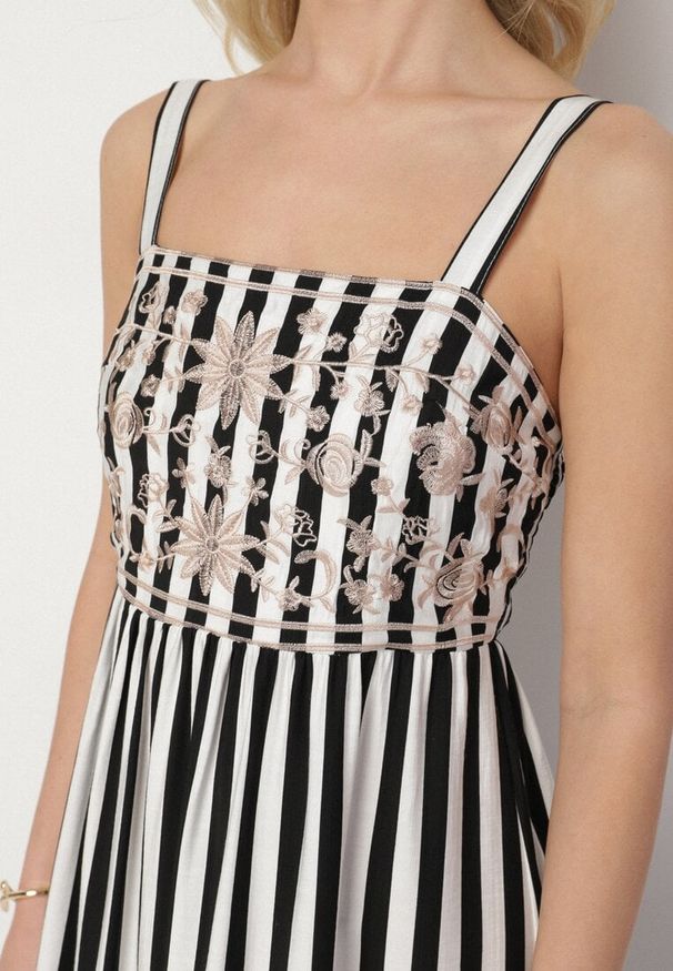 Born2be - Czarno-Biała Sukienka z Bawełny Ozdobiona Haftem Redale. Okazja: na co dzień. Kolor: czarny. Materiał: bawełna. Długość rękawa: na ramiączkach. Wzór: aplikacja, haft. Typ sukienki: proste. Styl: elegancki, casual, klasyczny