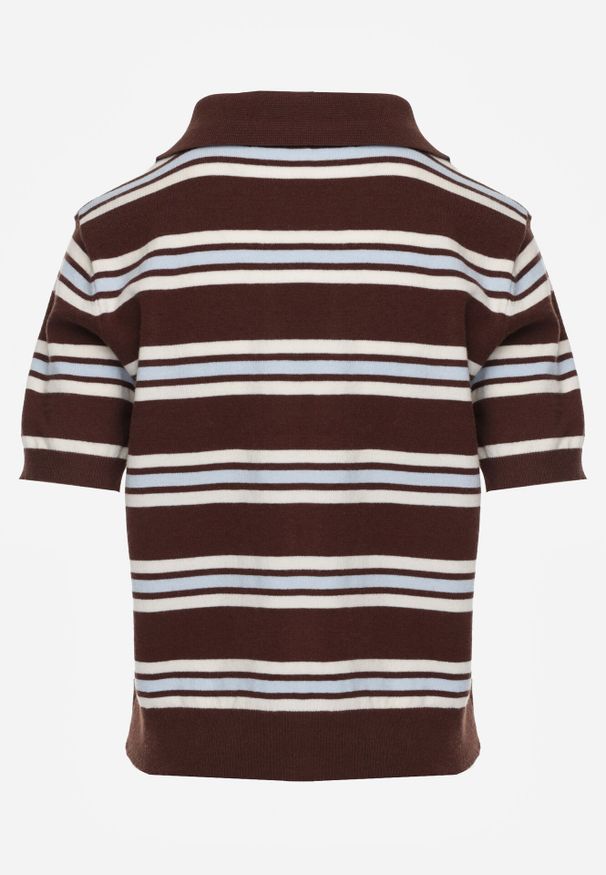 Born2be - Brązowy T-shirt Typu Polo z Wiskozą Ozdobiony Guzikami i Paskami Esefia. Okazja: na co dzień. Typ kołnierza: polo. Kolor: brązowy. Materiał: wiskoza. Wzór: aplikacja. Styl: casual