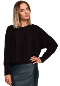 MOE - Czarny Sweter w Warkocze ze Ściągaczami. Kolor: czarny. Materiał: poliamid, akryl