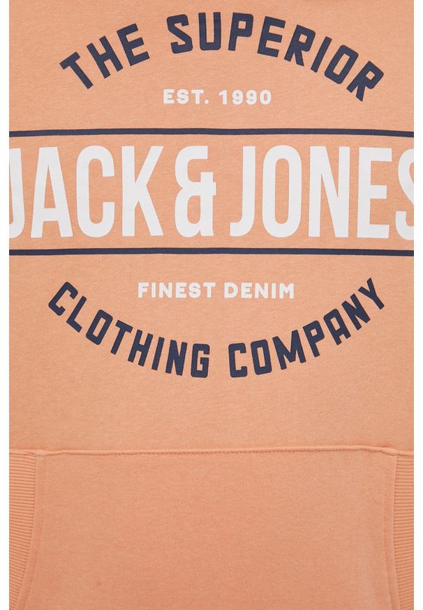 Jack & Jones Bluza męska kolor pomarańczowy z kapturem z nadrukiem. Okazja: na co dzień. Typ kołnierza: kaptur. Kolor: pomarańczowy. Wzór: nadruk. Styl: casual