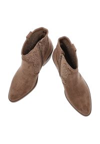 Brązowe Botki S.Barski Eleganckie Kowbojki Damskie. Okazja: na co dzień. Kolor: brązowy. Szerokość cholewki: normalna. Wzór: ażurowy, aplikacja, kwiaty. Materiał: materiał. Sezon: zima, jesień. Obcas: na obcasie. Styl: elegancki. Wysokość obcasa: średni #5