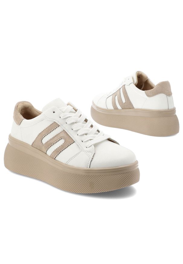 Sneakersy damskie Filippo, cholewka ze skóry naturalnej sznurowane na platformie sportowy wygląda, beżowe, DP7175/26. Okazja: na co dzień. Zapięcie: sznurówki. Kolor: biały. Materiał: skóra. Szerokość cholewki: normalna. Obcas: na platformie. Styl: sportowy