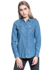 Wrangler - KOSZULA DAMSKA WRANGLER LS DENIM SHIRT MID INDIGO W5Z12AX8E. Materiał: denim