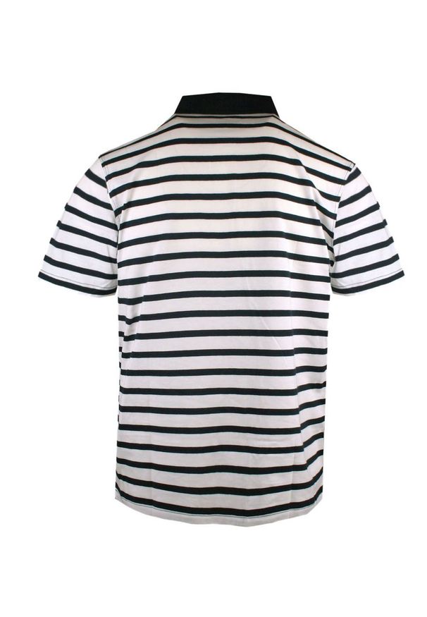 Koszulka Polo - Męska - Pako Jeans - Biała w Granatowy Prążek. Okazja: na co dzień. Typ kołnierza: polo. Kolor: niebieski. Materiał: bawełna. Wzór: paski, prążki. Styl: casual